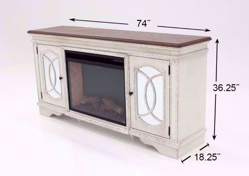 Dimension Details for the White and Brown Realyn TV Stand with Fireplace by Ashley Furniture Showing the Dimensions | Home Furniture Plus Bedding