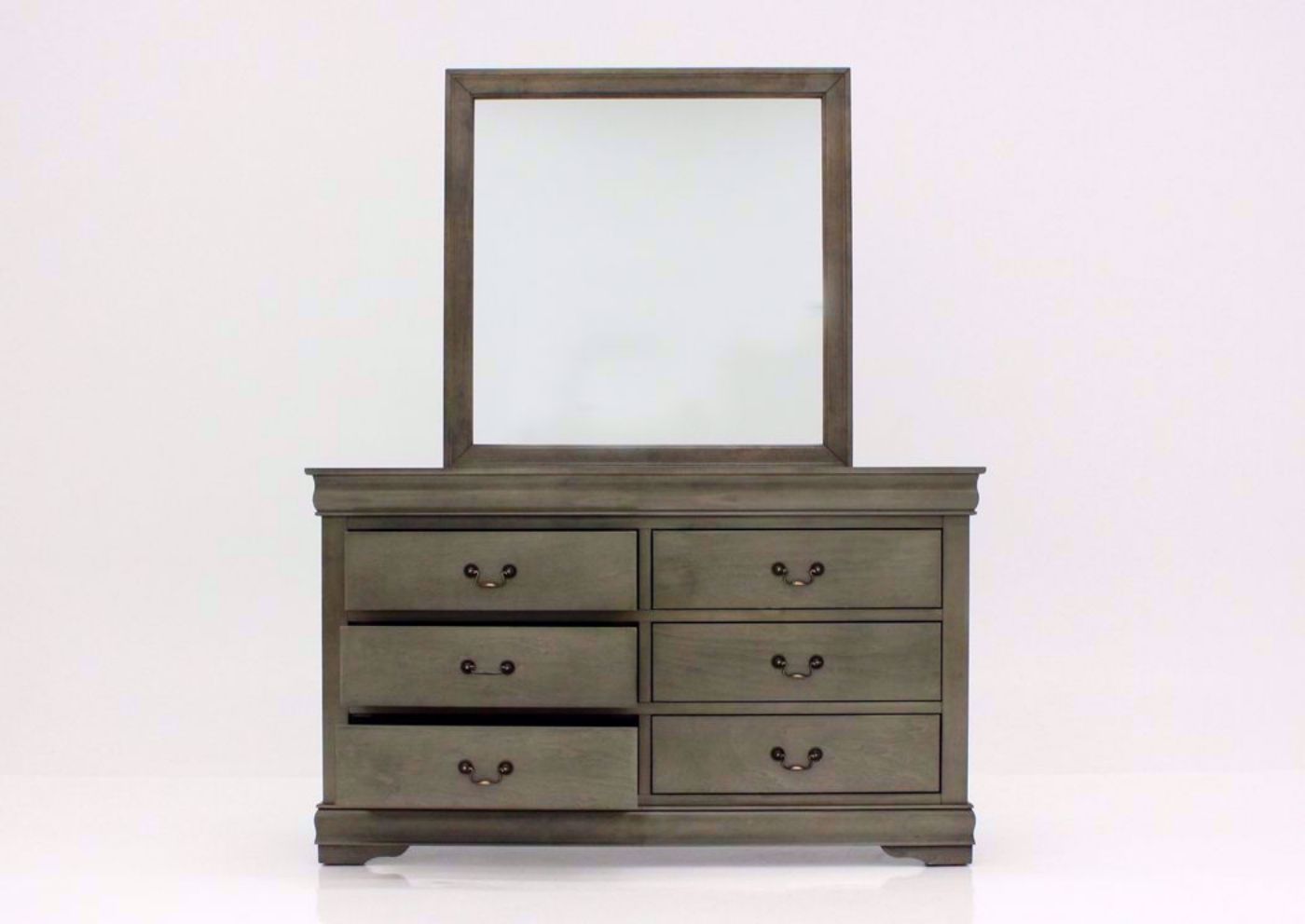 Gray Louis Philippe Dresser with Mirror Facing Front With the Drawers Open | Home Furniture Plus Bedding