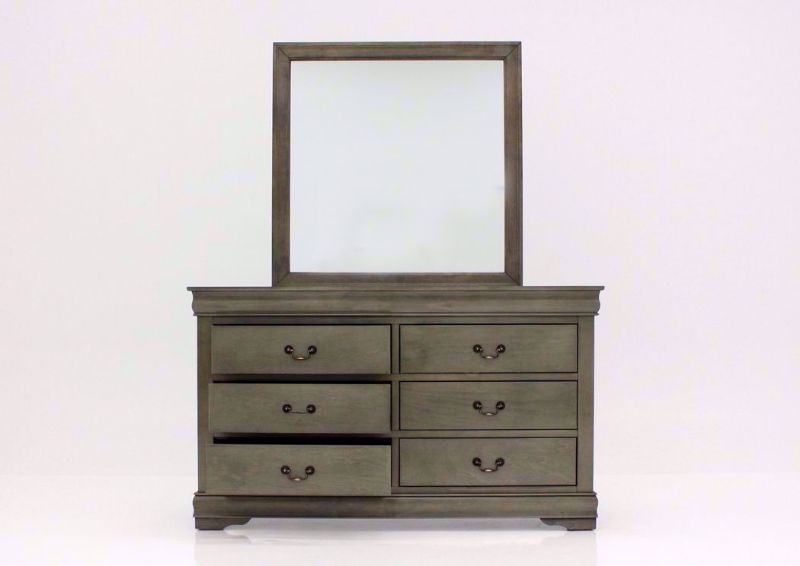 Gray Louis Philippe Dresser with Mirror Facing Front With the Drawers Open | Home Furniture Plus Bedding