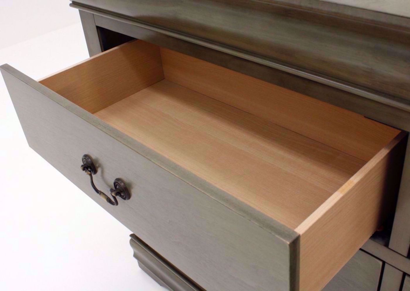 Gray Louis Philippe Dresser with Mirror Showing the Drawer Interior | Home Furniture Plus Bedding