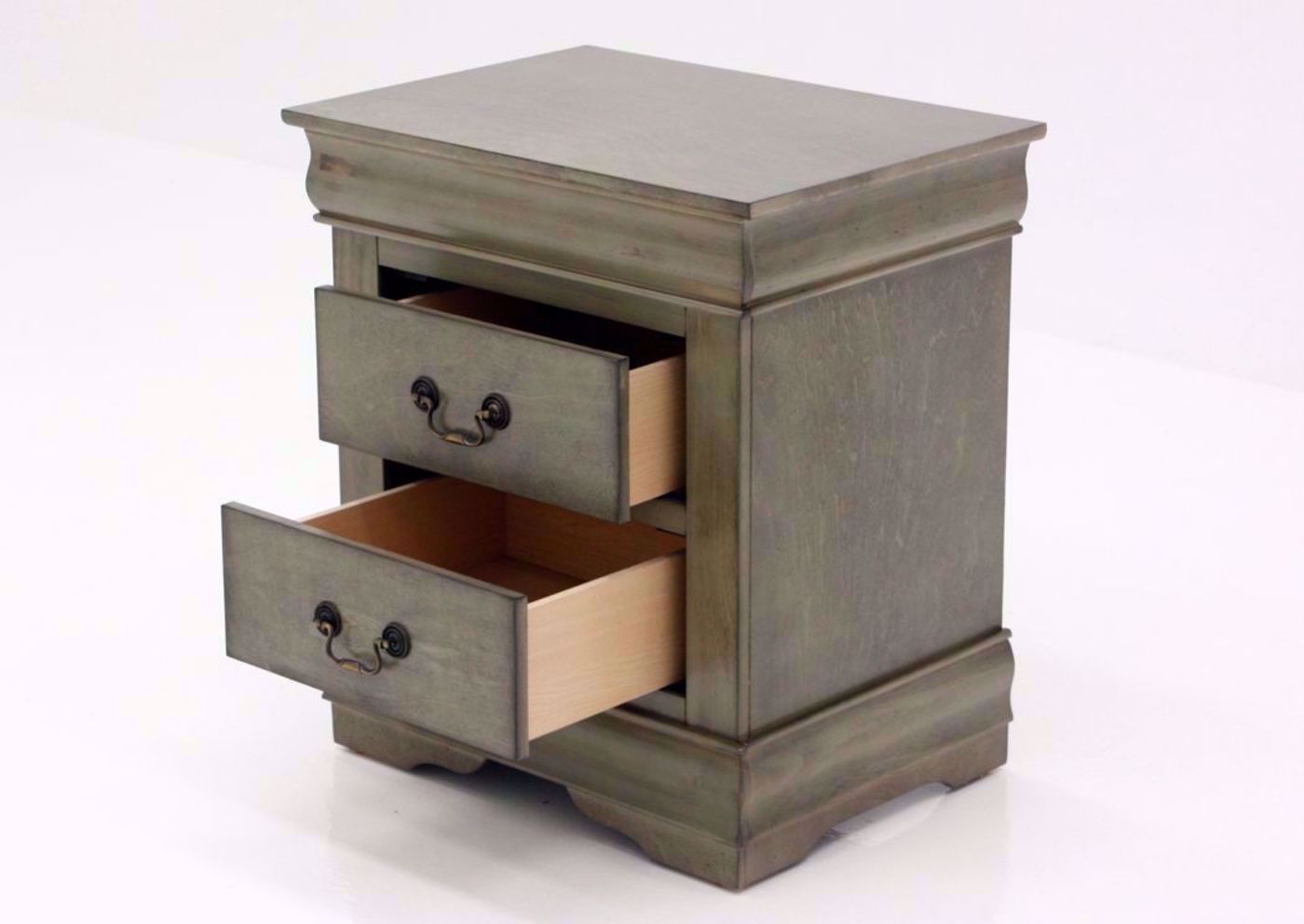 Gray Louis Philippe Nightstand at an Angle With the Drawers Open | Home Furniture Plus Mattress