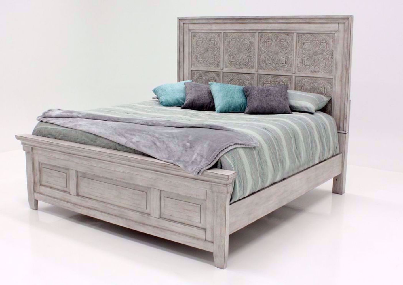 Distressed White Heartland King Size Panel Bed at an Angle | Home Furniture Plus Bedding