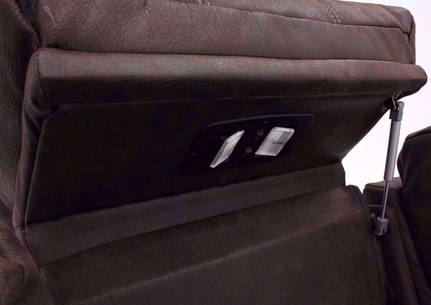 Brown Legacy Reclining Sofa Hidden Table Lights Close Up | Home Furniture Plus Bedding