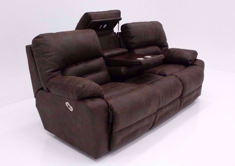 Brown Legacy POWER Reclining Sofa at an Angle with the Hidden Table Open | Home Furniture Plus Bedding