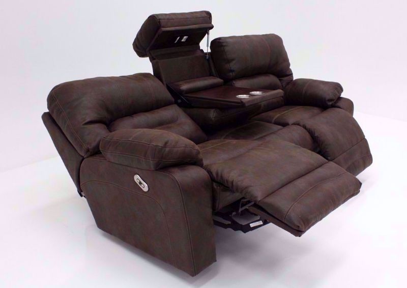 Brown Legacy POWER Reclining Sofa at an Angle in the Fully Reclined Position | Home Furniture Plus Bedding