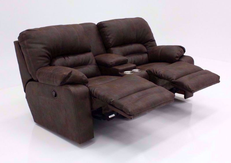 Brown Legacy Reclining Loveseat at an Angle in the Open Position | Home Furniture Plus Bedding