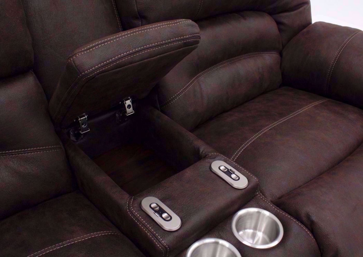 Brown Legacy POWER Reclining Loveseat Storage Console Detail | Home Furniture Plus Bedding