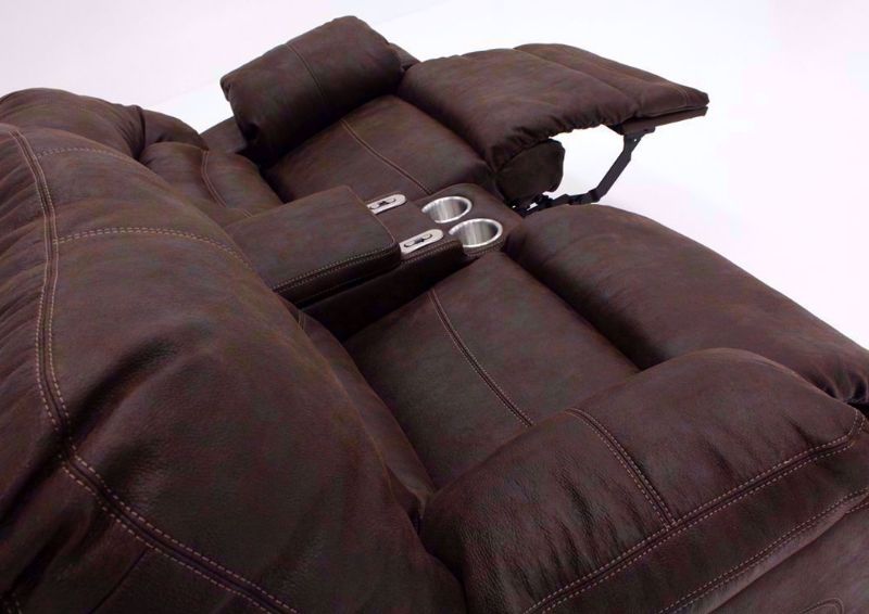 Brown Legacy POWER Reclining Loveseat, at an Angle with One Chaise Reclined | Home Furniture Plus Bedding