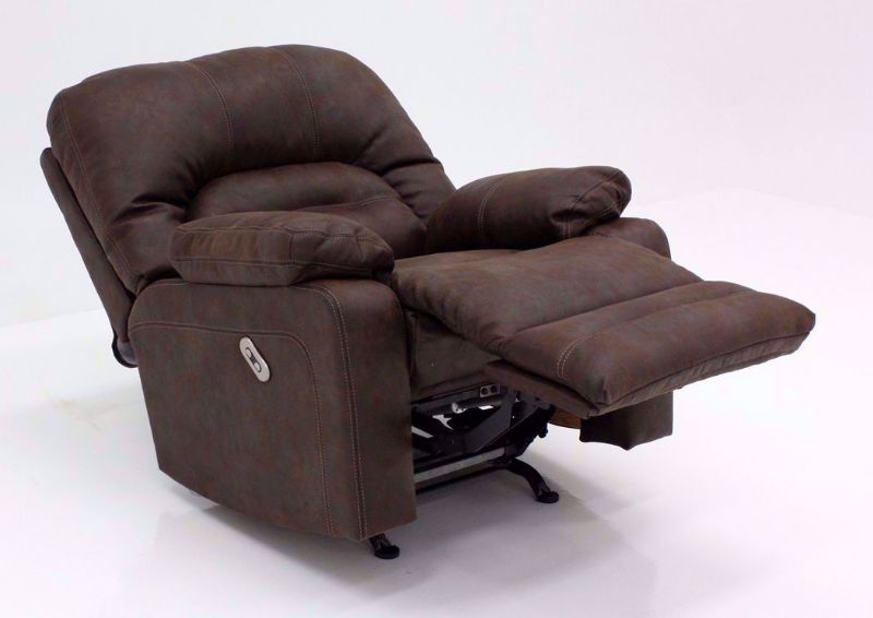 Brown Legacy POWER Rocker Recliner at an Angle in the Fully Reclined Position | Home Furniture Plus Mattress