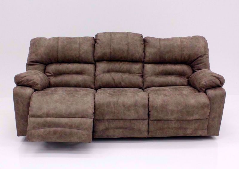 Tan Legacy POWER Reclining Sofa, Front Facing with One Recliner Open | Home Furniture Plus Bedding