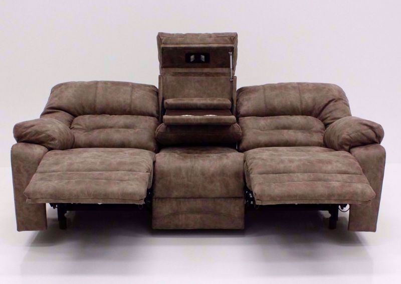 Tan Legacy POWER Reclining Sofa, Front Facing in a Fully Reclined Position | Home Furniture Plus Bedding