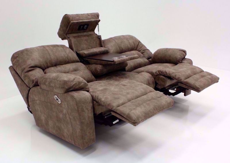 Tan Legacy POWER Reclining Sofa at an Angle in the Fully Reclined Position | Home Furniture Plus Bedding