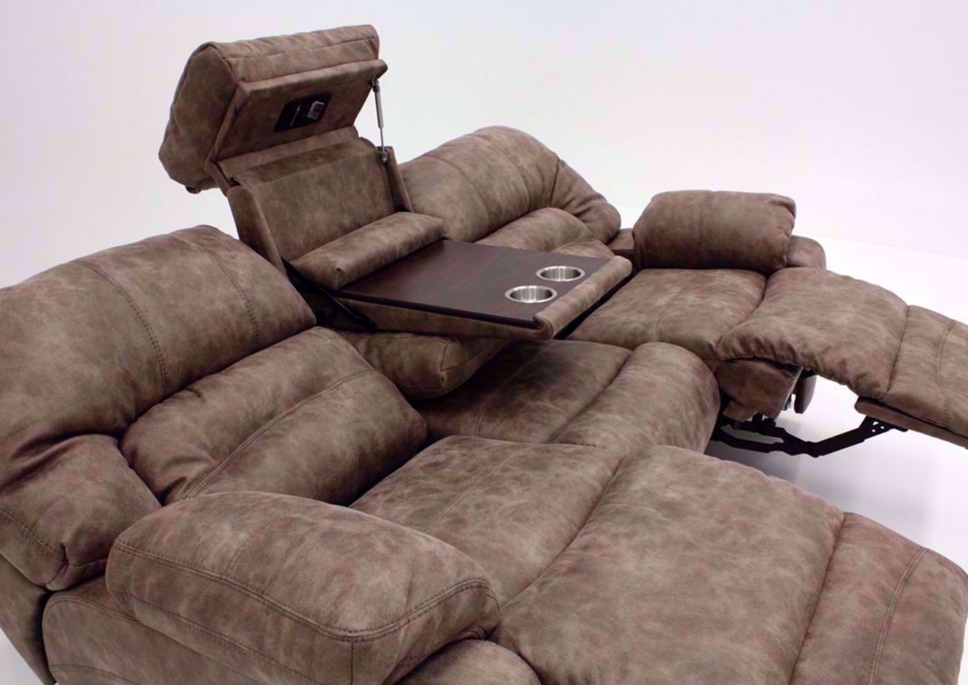 Tan Legacy POWER Reclining Sofa at an Angle in the Fully Reclined Position, Close Up | Home Furniture Plus Bedding