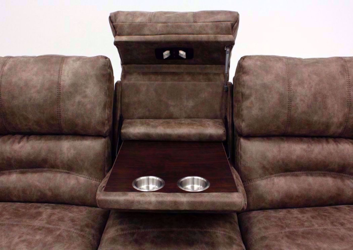 Tan Legacy POWER Reclining Sofa Showing the Hidden Table Open | Home Furniture Plus Bedding
