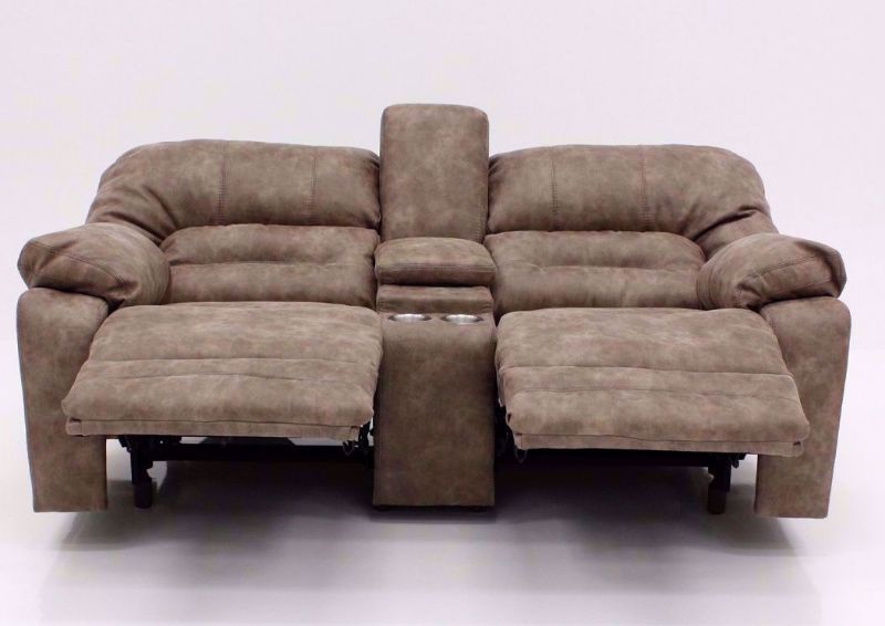 Tan Legacy Reclining Loveseat, Front Facing in a Fully Reclined Position | Home Furniture Plus Bedding