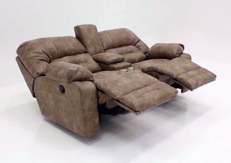 Tan Legacy Reclining Loveseat at an Angle in a Fully Reclined Position | Home Furniture Plus Bedding