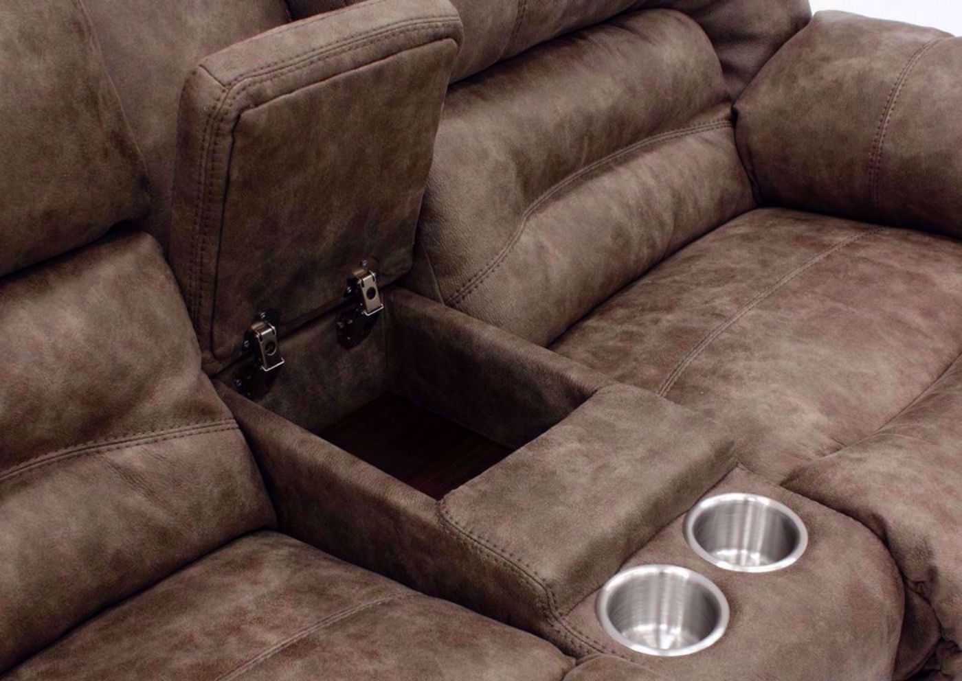 Tan Legacy Reclining Loveseat Storage Console in the Open Position | Home Furniture Plus Bedding