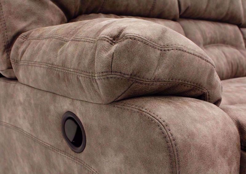 Tan Legacy Reclining Loveseat Pillow Arm Detail and Recliner Lever | Home Furniture Plus Bedding