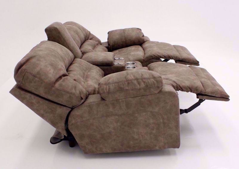 Tan Legacy POWER Reclining Loveseat, Side View in Fully Reclined Position | Home Furniture Plus Bedding