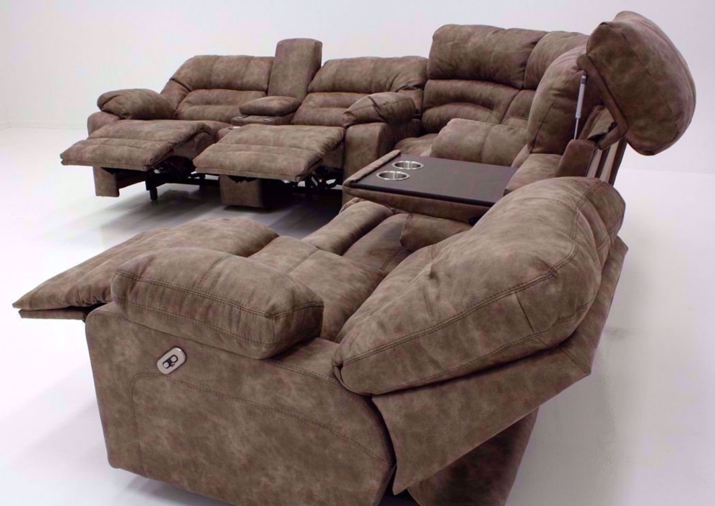 Tan Legacy POWER Reclining Sectional Right Side View in Fully Reclined Position | Home Furniture Plus Bedding