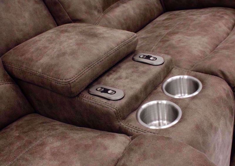 Tan Legacy POWER Reclining Loveseat Showing the Storage Console and Cupholders | Home Furniture Plus Bedding