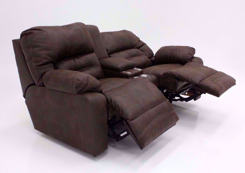 Brown Legacy Reclining Loveseat at an Angle in the Fully Reclined Position | Home Furniture Plus Bedding