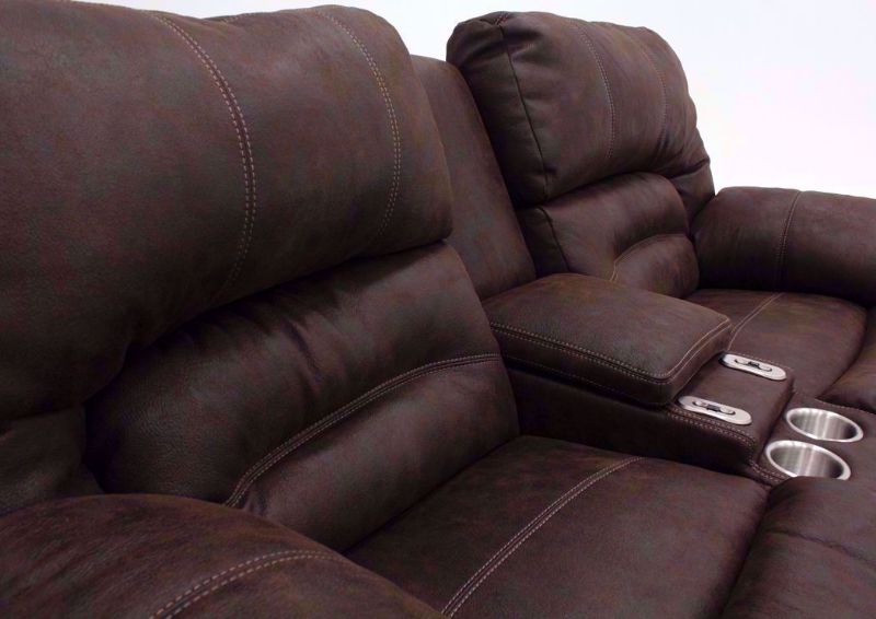 Brown Legacy Reclining Loveseat at an Angle Showing the Seat Back and Console | Home Furniture Plus Bedding