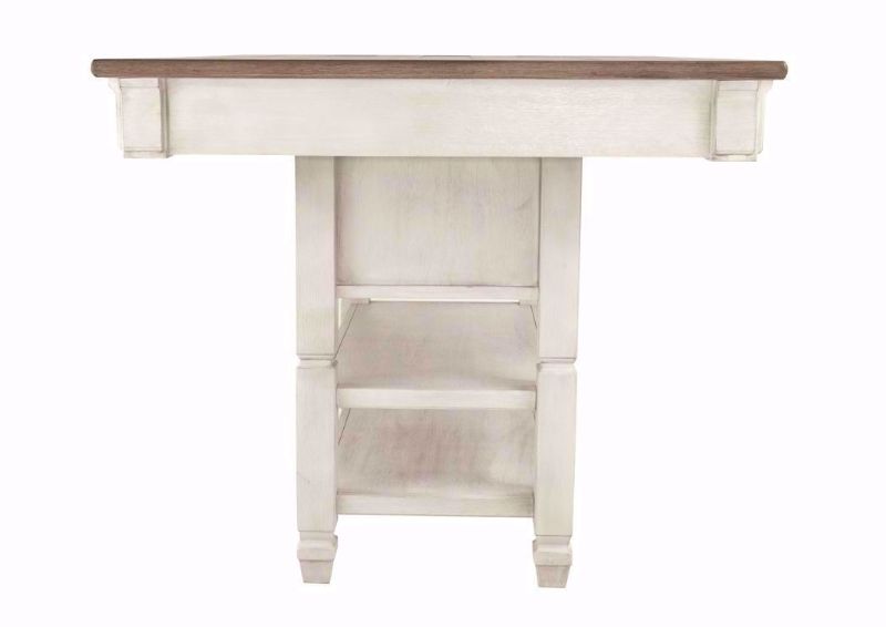 Side View of the Antique White Bolanburg by Ashley Furniture Bar Height Table with Storage Drawers, Wine Storage and 2 Open Shelves | Home Furniture Plus Mattress