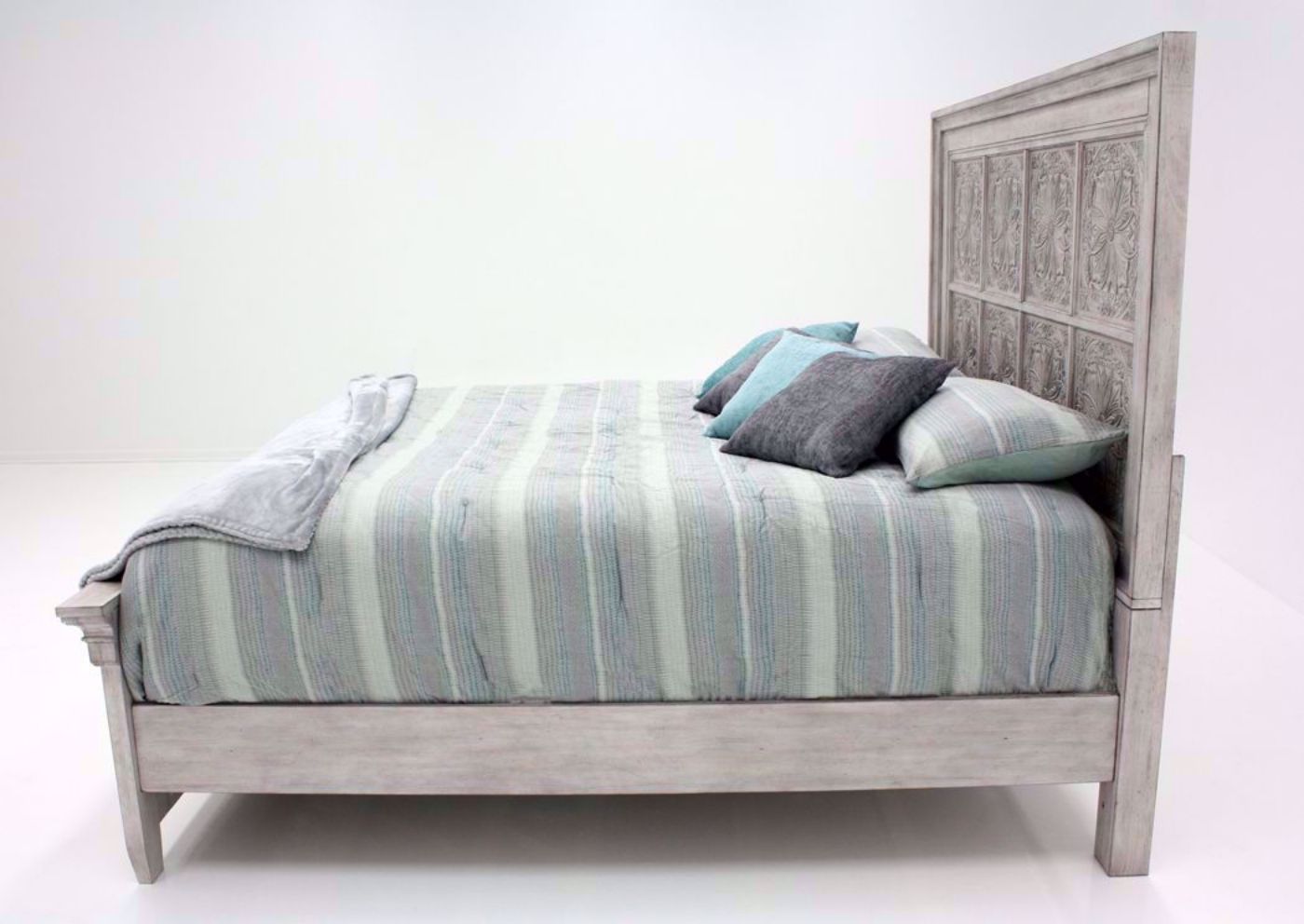 Distressed White Heartland King Size Panel Bed Showing the Side View | Home Furniture Plus Bedding