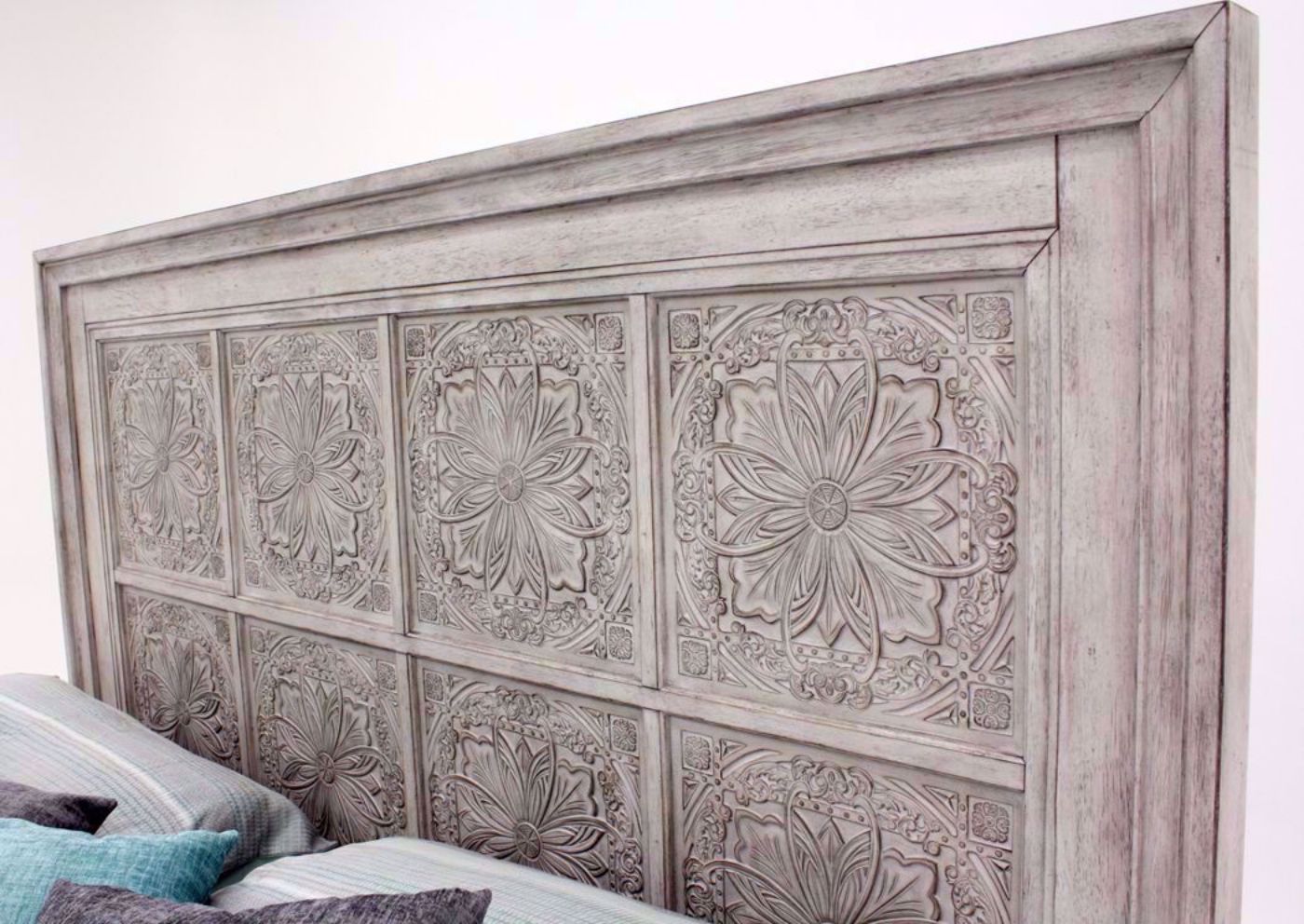 Distressed White Heartland King Size Panel Bed Showing the Medallion Style Headboard | Home Furniture Plus Bedding