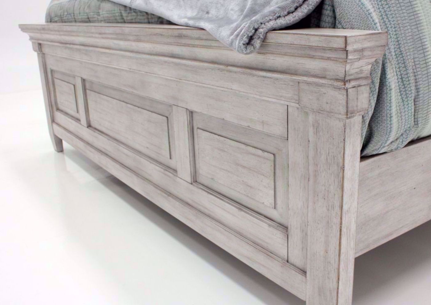 Distressed White Heartland King Size Panel Bed Showing the Footboard | Home Furniture Plus Bedding