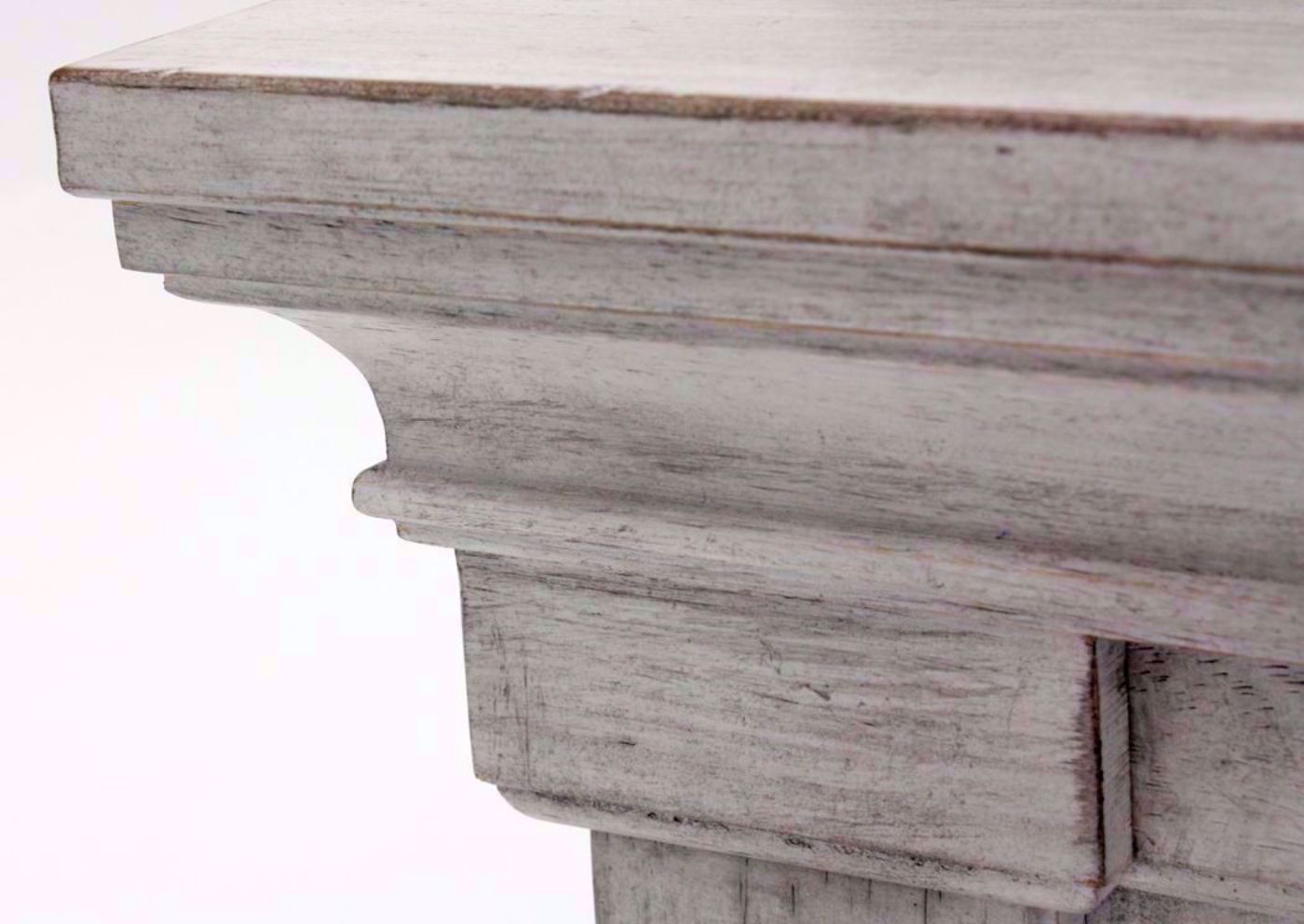 Distressed White Heartland King Size Panel Bed Showing the Headboard Corner Wood Detail | Home Furniture Plus Bedding