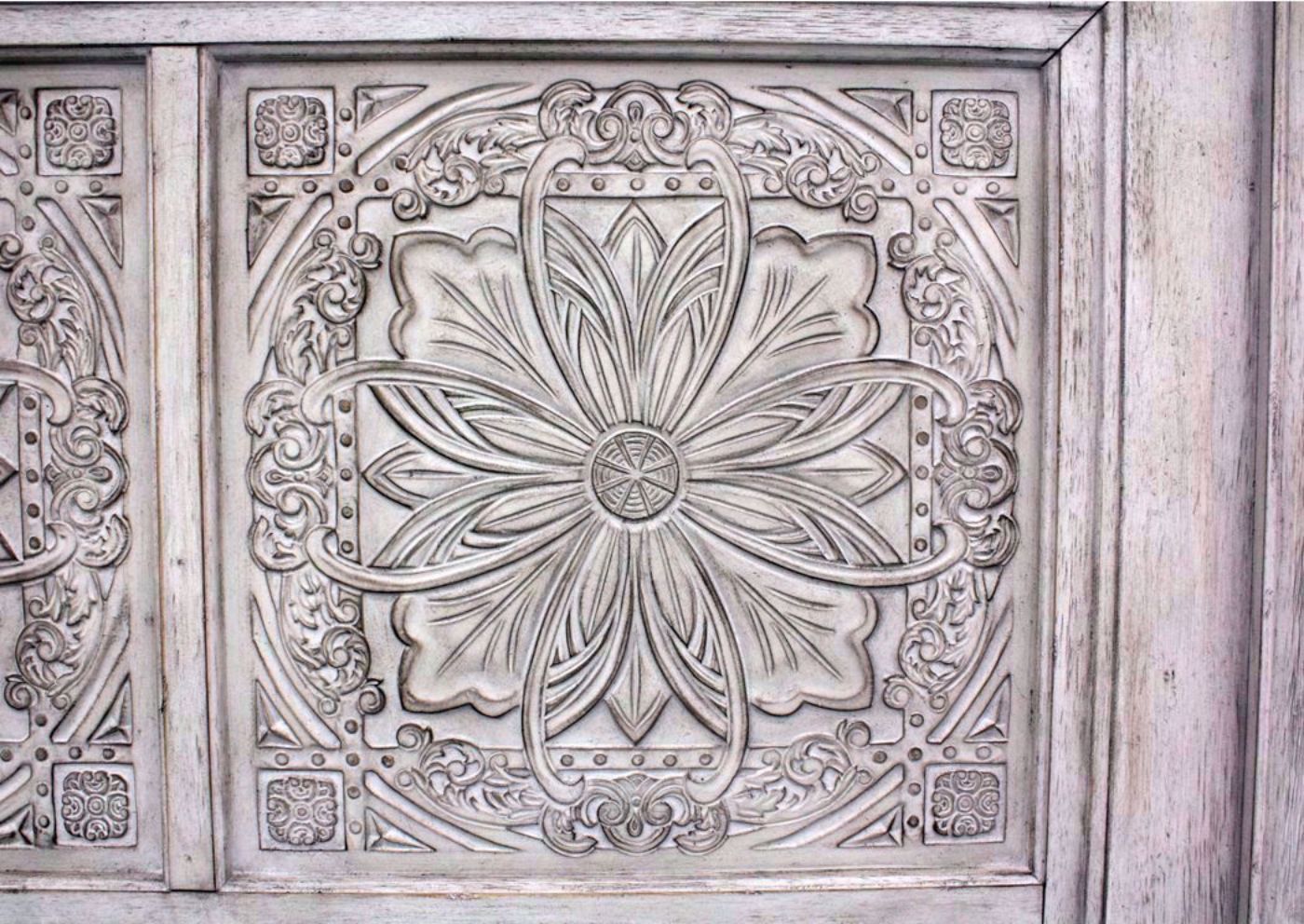 Distressed White Heartland King Size Panel Bed Showing the Headboard Medallion Detail | Home Furniture Plus Bedding