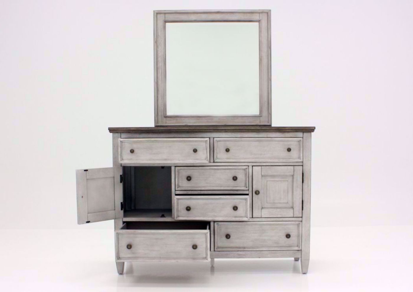 Rustic White Heartland Chesser with Mirror Facing Front With the Door and Drawers Open | Home Furniture Plus Bedding