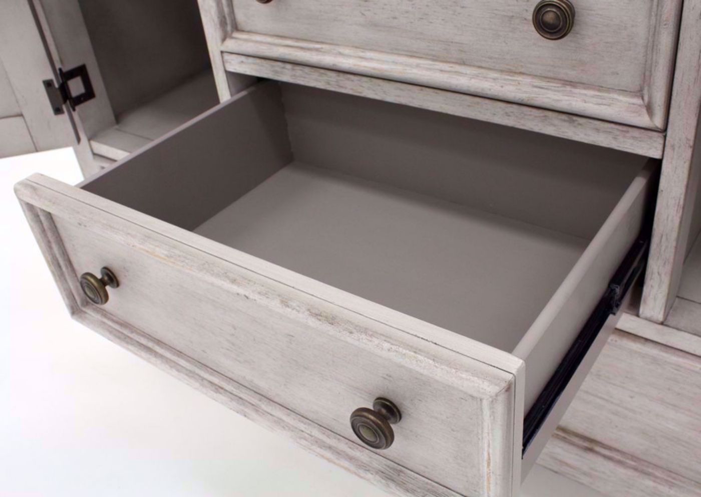 Rustic White Heartland Chesser with Mirror Showing the Drawer Interior | Home Furniture Plus Bedding