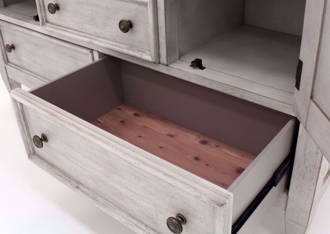 Rustic White Heartland Chesser with Mirror Showing the Cedar Lined Bottom Drawer Interior | Home Furniture Plus Bedding