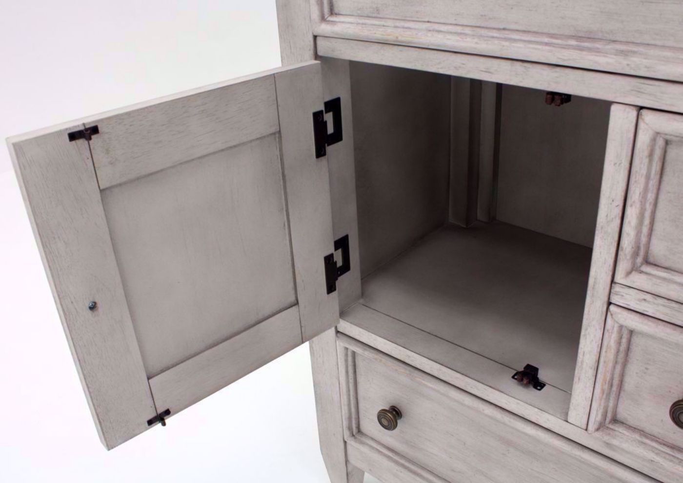 Rustic White Heartland Chesser with Mirror Showing the Cabinet Interior | Home Furniture Plus Bedding