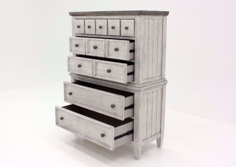 Rustic White Heartland Chest of Drawers at an Angle With the Drawers Open | Home Furniture Plus Bedding