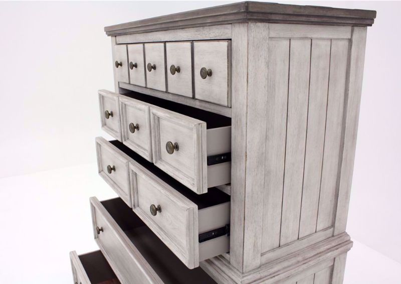 Rustic White Heartland Chest of Drawers a Close Up View at an Angle With the Drawers Open | Home Furniture Plus Bedding
