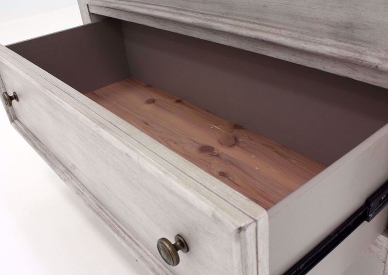 Rustic White Heartland Chest of Drawers Showing the Cedar Lined Bottom Drawer Interior | Home Furniture Plus Bedding