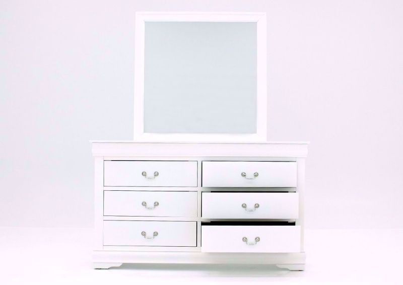 Crisp White Louis Philippe Dresser with Mirror Facing Front With the Drawers Open | Home Furniture Plus Bedding