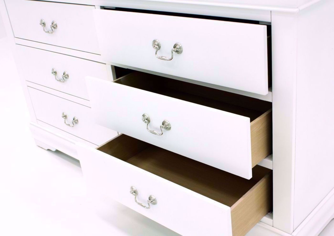 Crisp White Louis Philippe Dresser with Mirror  at an Angle With the Drawers Open | Home Furniture Plus Bedding