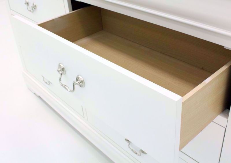 Crisp White Louis Philippe Dresser with Mirror Showing the Drawer Interior | Home Furniture Plus Bedding