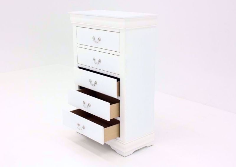 Crisp White Louis Philippe Chest of Drawers  at an Angle With the Drawers Open | Home Furniture Plus Bedding