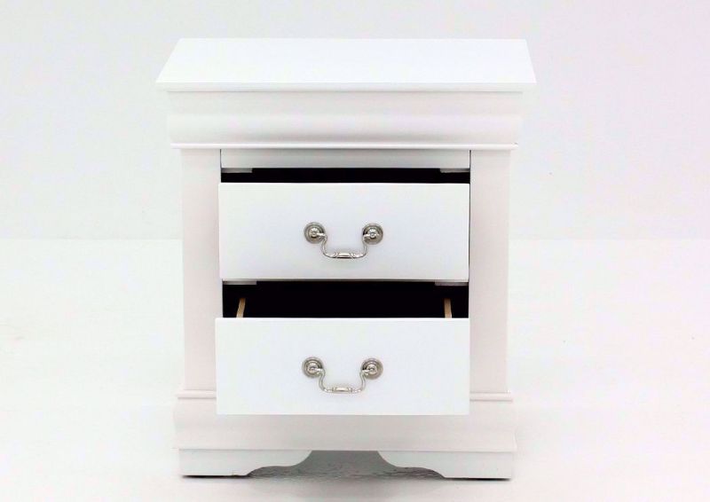 Crisp White Louis Philippe Nightstand Facing Front With the Drawers Open | Home Furniture Plus Mattress