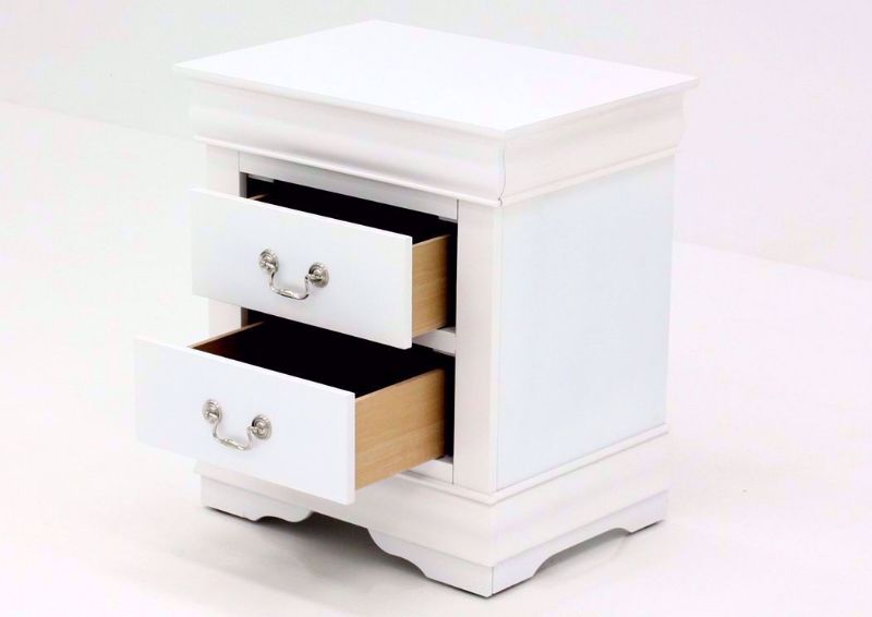 Crisp White Louis Philippe Nightstand at an Angle With the Drawers Open | Home Furniture Plus Mattress