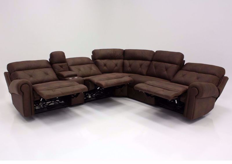 Front Facing Dark Brown Berkley POWER Sectional Sofa, Fully Reclined | Home Furniture + Mattress