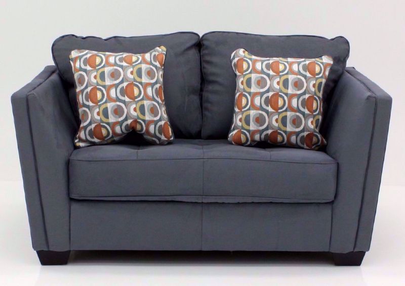 Steel Gray Filone Loveseat by Ashley Furniture with Accent Pillows | Home Furniture + Mattress