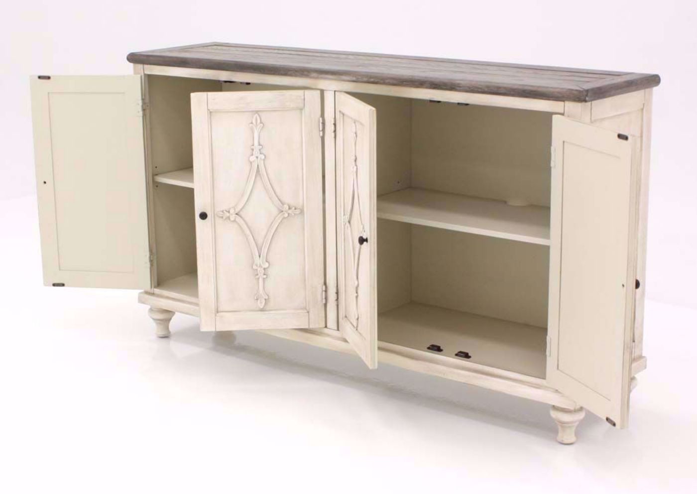 St. Claire TV Stand in Antique White, Angle, Open
