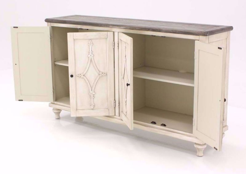 St. Claire TV Stand in Antique White, Angle, Open